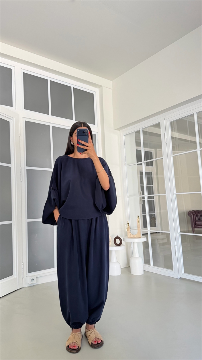 Lacivert Yarasa Kol Bluz Beli Lastikli Şalvar Pantolon İkili Tencel Takım GAUS-01840