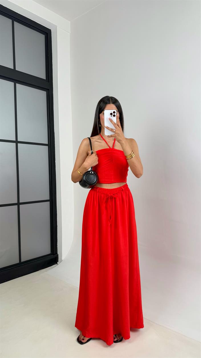 Kırmızı Boyundan Bağlamalı Beli Lastikli Crop Kuşaklı Cepli Pantolon Çilek Kumaş Takım Gaus00659