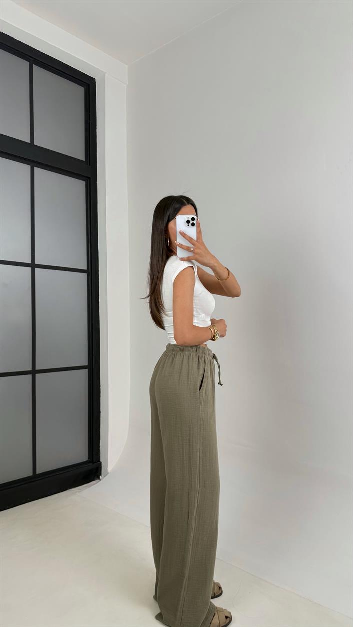Haki Beli Lastikli Müslin Pantolon Gaus00586