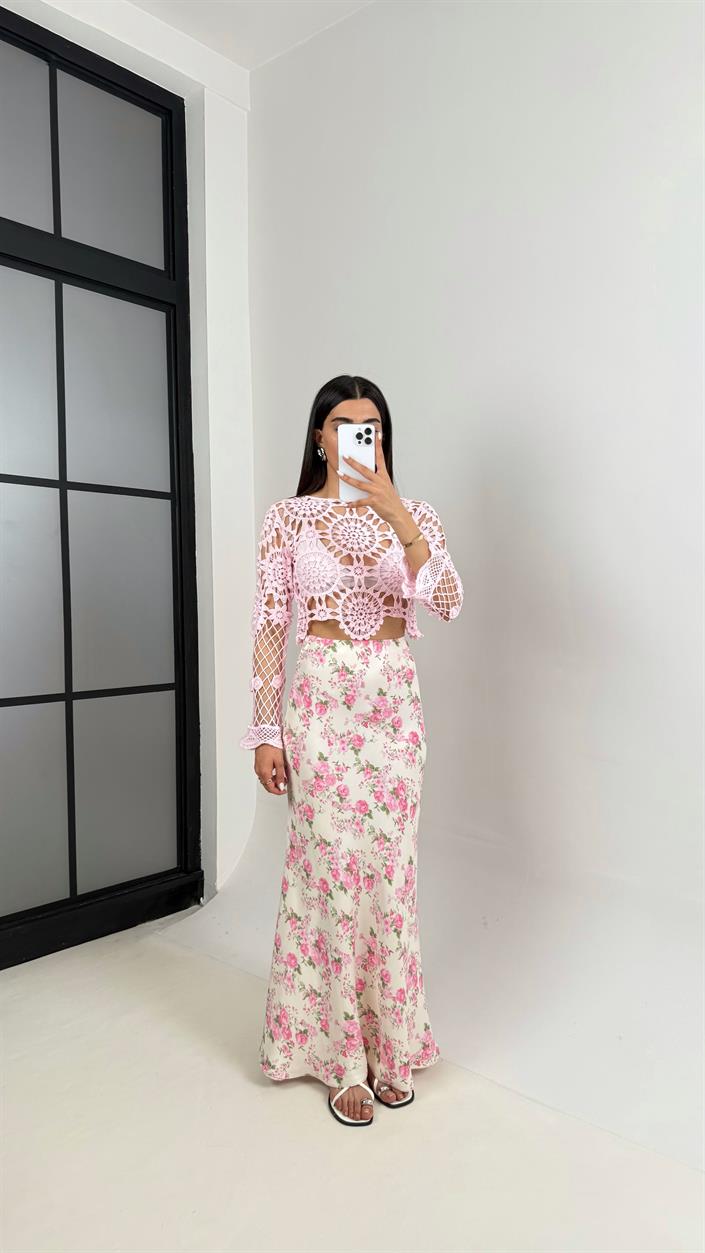 Pembe Çiçek Desenli Saten Etek Gaus00413
