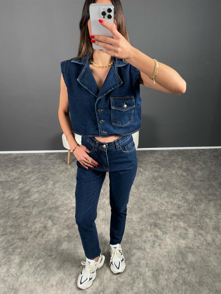 Amio Koyu Mavi Yelekli Denim Takım