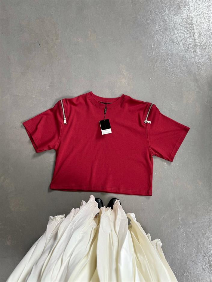 Ace Bordo MD Muadil Kol Fermuar Detaylı Tshirt