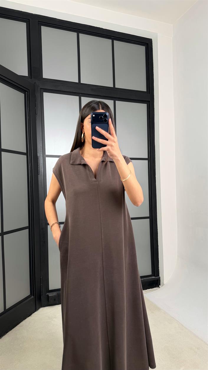 Kahve MD Muadil Polo Yaka Cepli Basic Elbise GAUS-01330