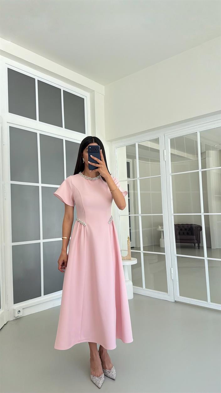 Pembe Taş Detaylı Midi Elbise GAUS-01683