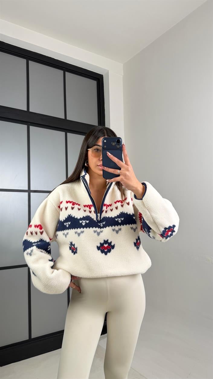 Lacivert Fermuarlı Desenli Polar Sweatshirt GAUS-00723 GAUS-01101