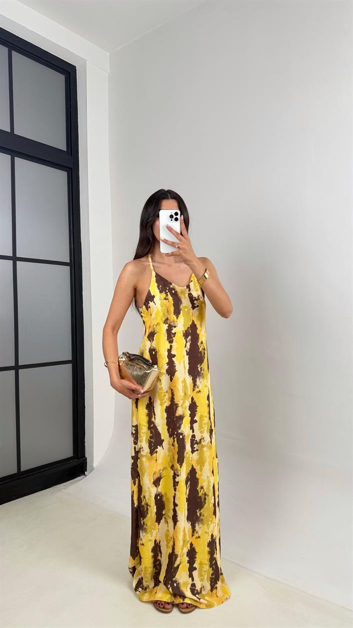 Sarı Kahve Desenli Askılı Tencel Elbise Gaus00654
