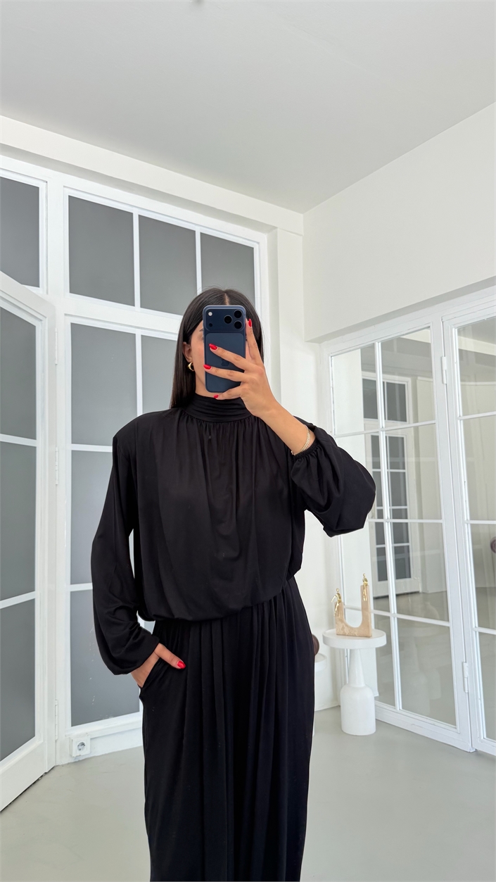 Siyah Vatkalı Bluz Beli Lastikli Cepli Şalvar Pantolon İkili Modal Takım GAUS-01868