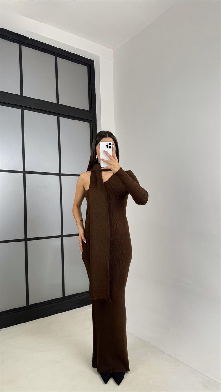 Kahve Tek Omuz Atkılı Triko Elbise GAUS-00223