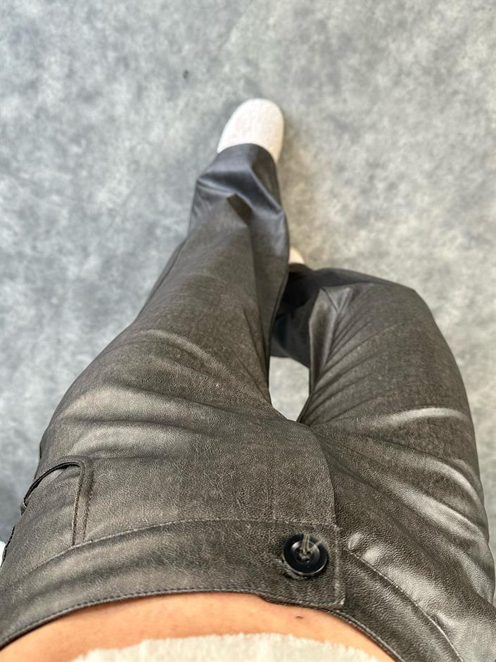 Nori Gri Eskitme Deri Pantolon 