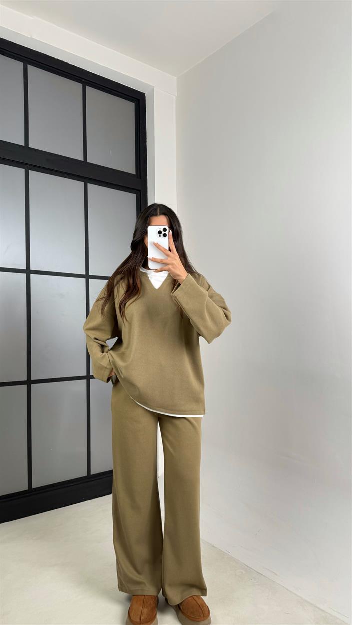 Camel Tshirt Detaylı Kazak Beli Lastikli Pantolon İkili Triko Takım GAUS-00485