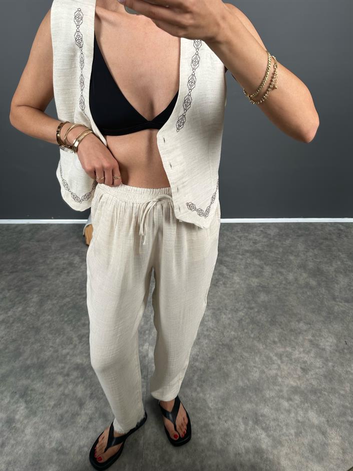 Menix Taş Müslin Kumaş Paçası Saçaklı Pantolon