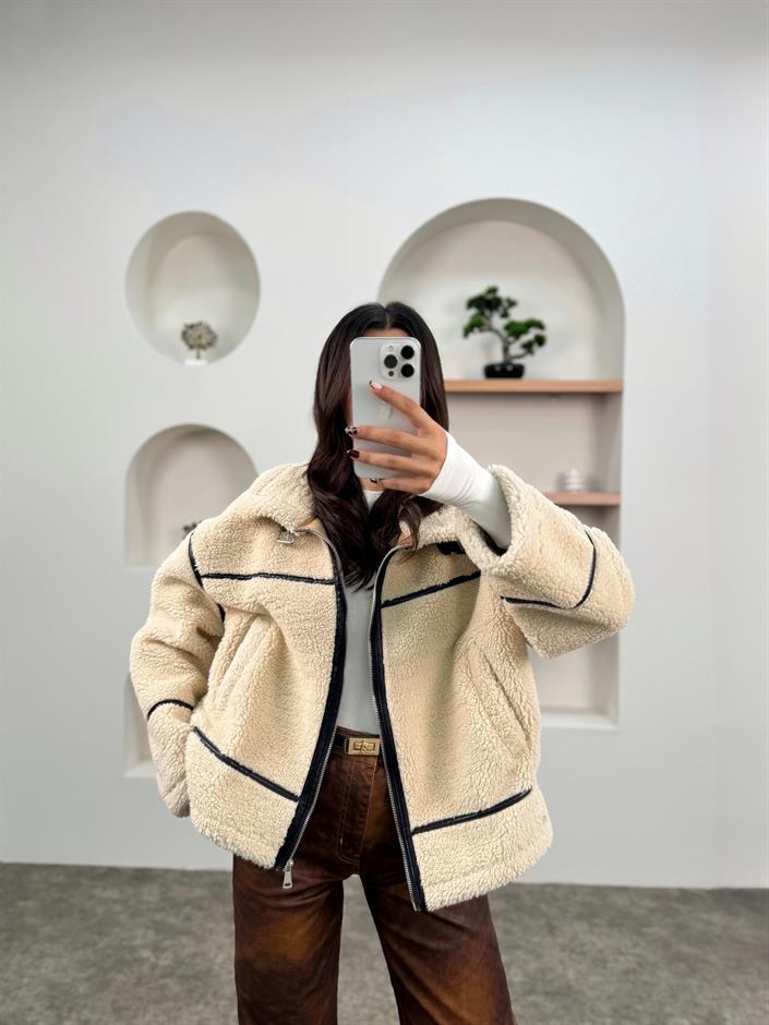 Dash Taş Deri Şeritli Peluş Biker Mont