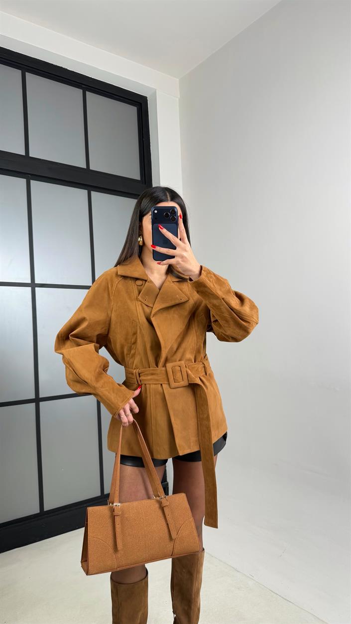 Camel Kemerli Astarlı Süet Ceket GAUS-01010