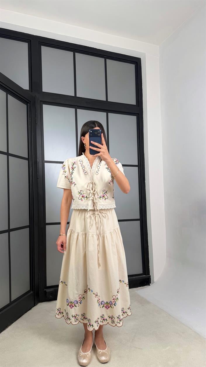 Taş Nakışlı Bluz Beli Lastikli Etek Yıkamalı Keten Takım GAUS-01365