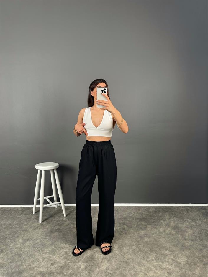 Allda Siyah İthal Kumaş Beli Lastikli Pantolon 