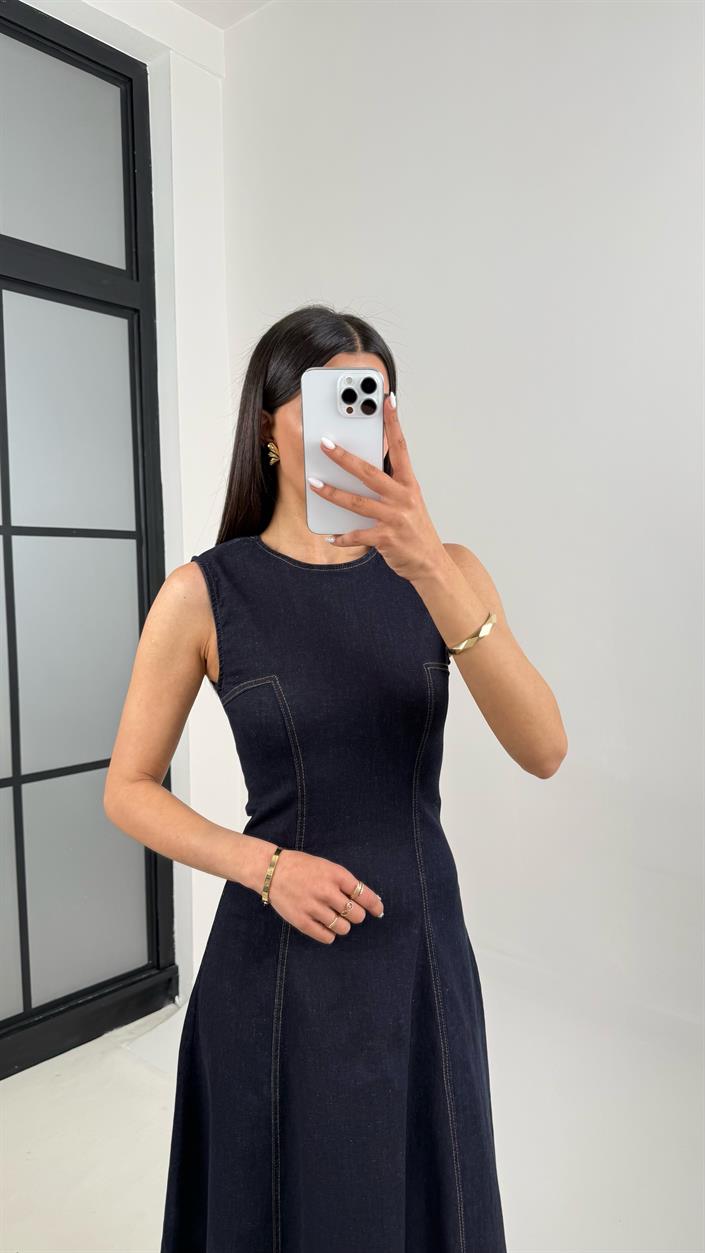 Lacivert Sıfır Kol Likralı Denim Elbise DNM01 Gaus00376