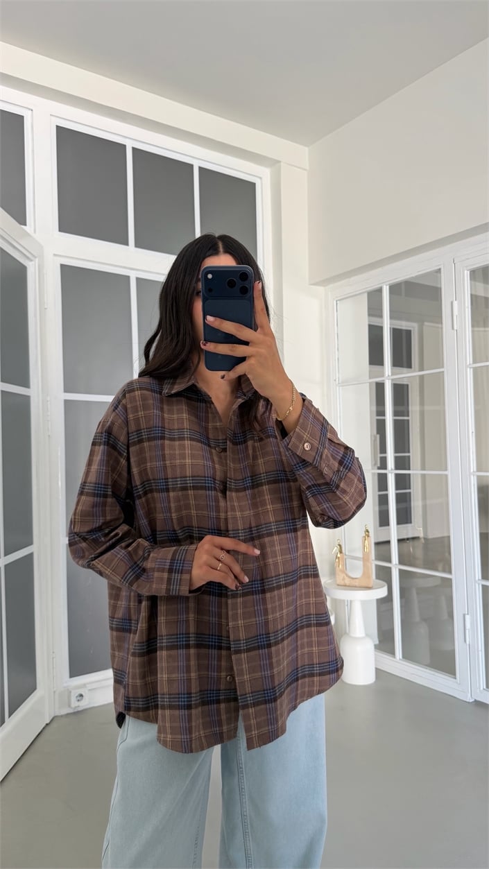 Kahve Ekose Desenli Oversize Gömlek GAUS-01948