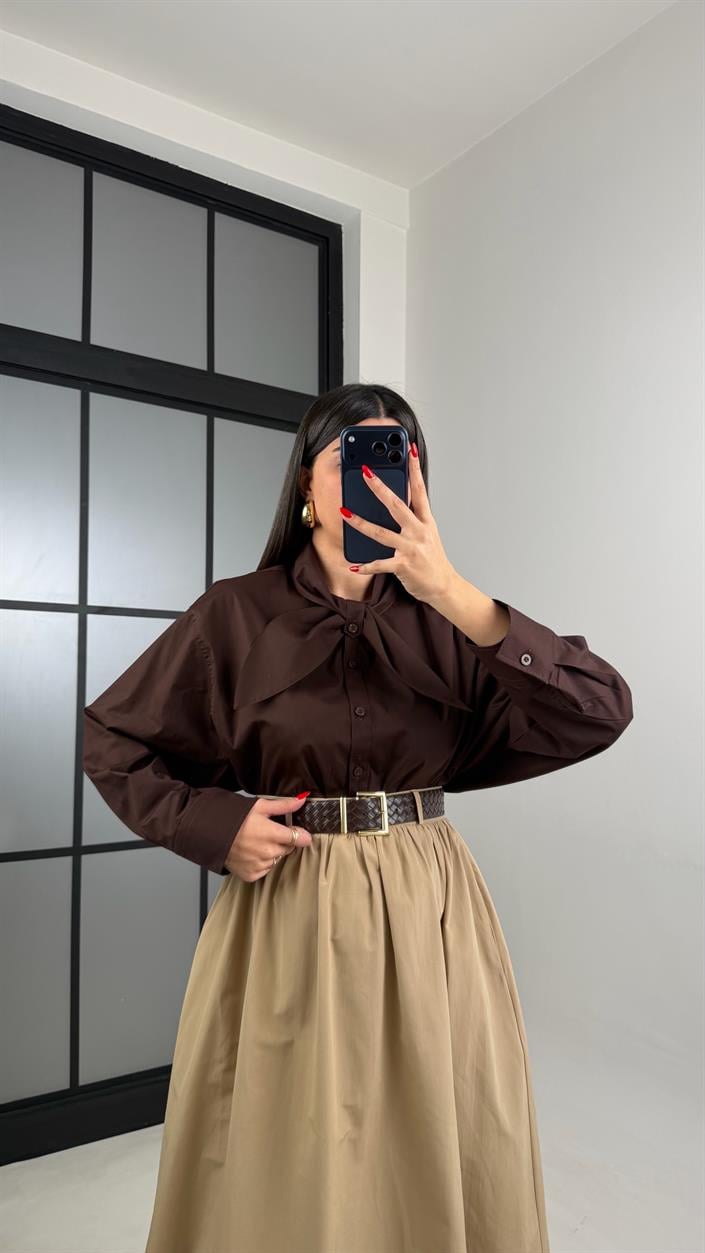 Kahve Fular Yakalı Gömlek GAUS-00981