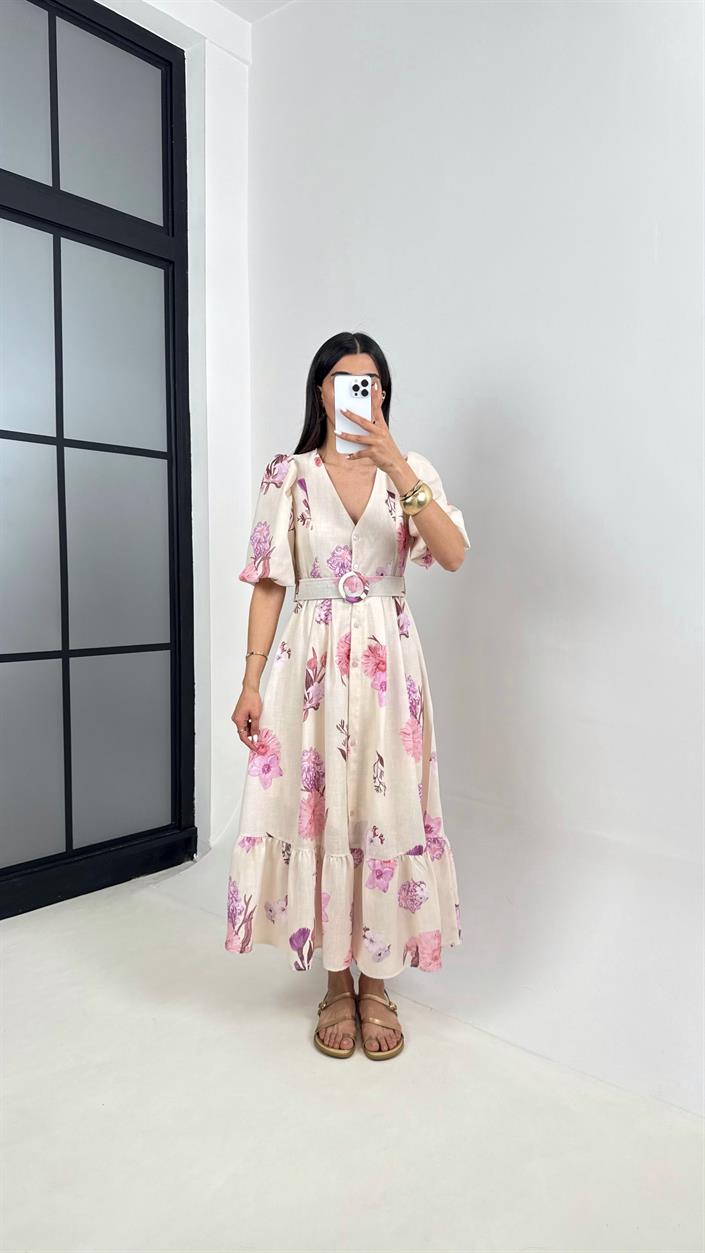 Taş V Yaka Pembe Çiçek Desenli Astarlı Balon Kol Kemerli Elbise Gaus00394