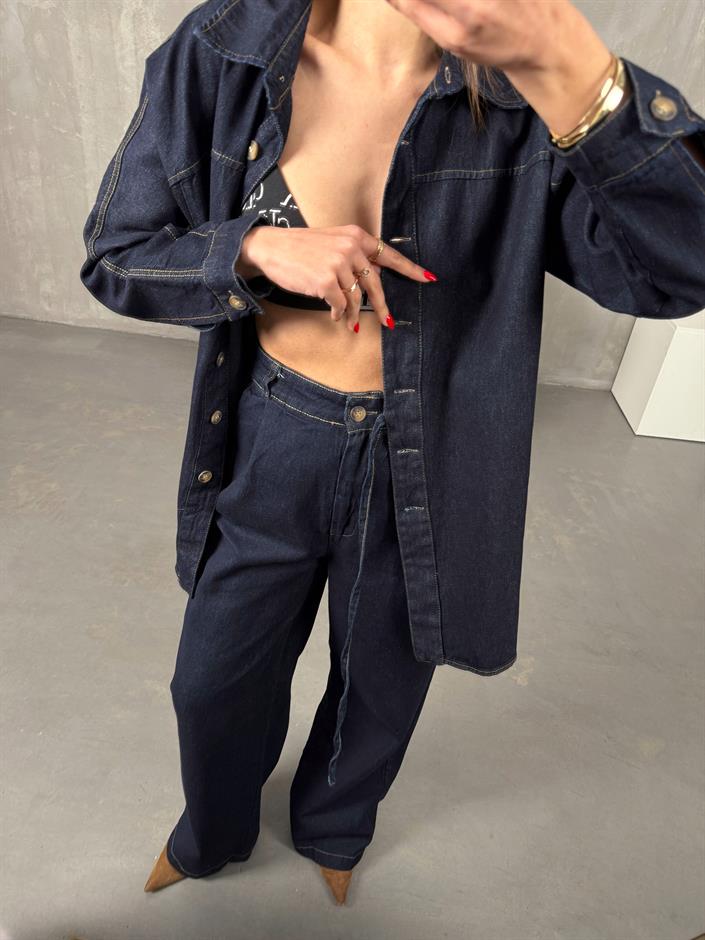 Tasira Lacivert Düğmeli Bağlamalı Tasarım Denim Takım