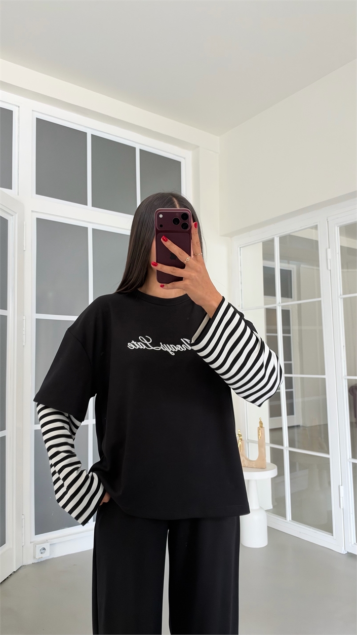 Siyah Kolu Şeritli Tshirt Beli Lastikli Pantolon İkili Modal Takım GAUS-02227