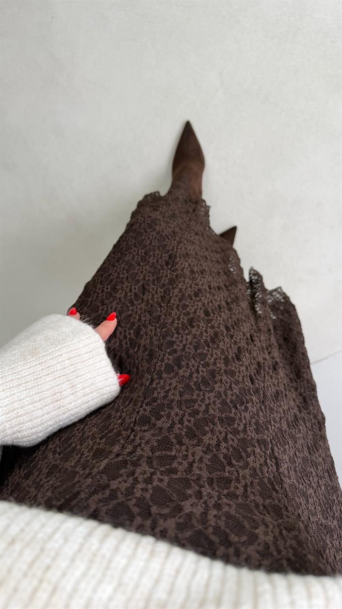 Acı Kahve Beli Lastikli Astarlı Dantel Etek GAUS-00930