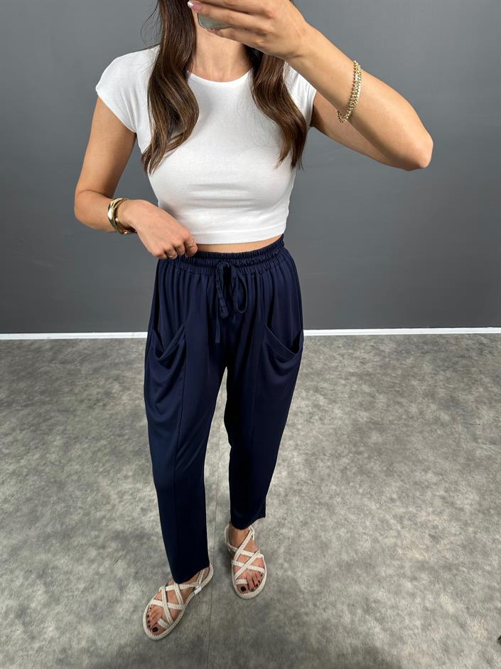 Pilea Beli Lastikli Önden Cepli Rahat Kumaş Lacivert Şalvar Pantolon