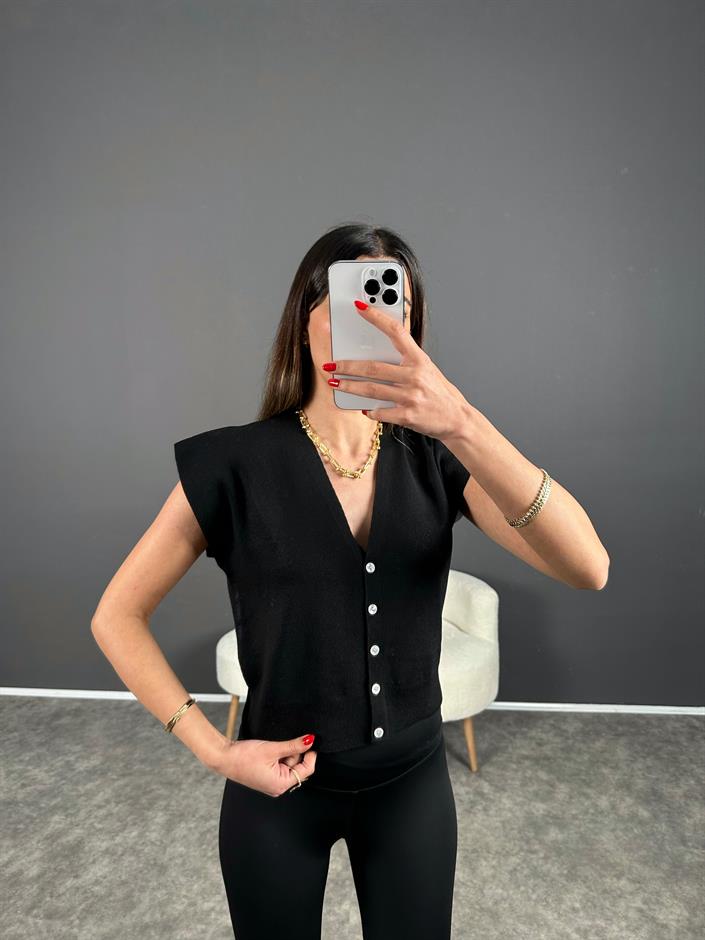 Siyah Omuz Katlamalı Yelek 