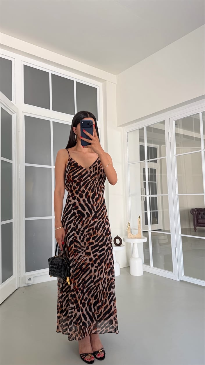 Leopar Desenli Sırt Dekolteli Astarlı Elbise GAUS-01814