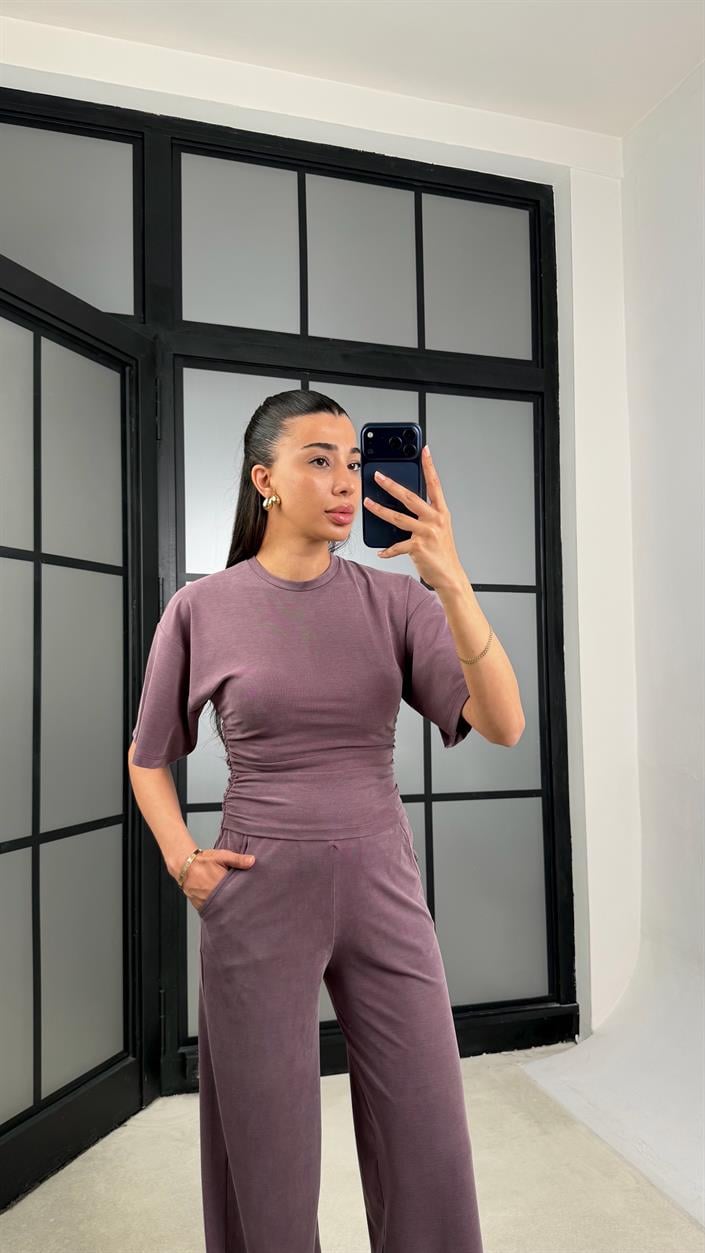 Mürdüm Bluz Beli Lastikli Pantolon Modal Muadil Takım GAUS-01547