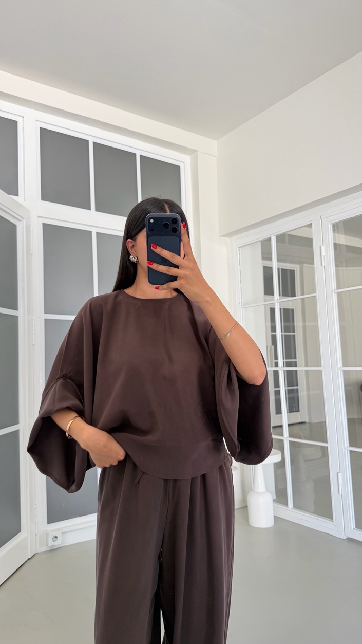 Kahve Yarasa Kol Bluz Beli Lastikli Şalvar Pantolon İkili Tencel Takım GAUS-01840