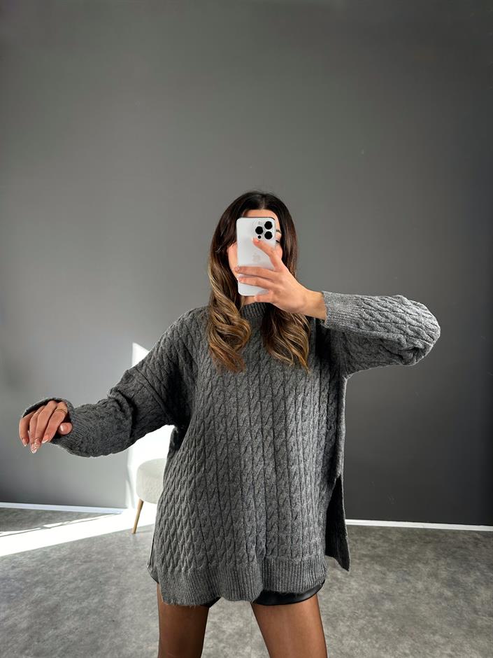 Antrasit Örme Yırtmaçlı Oversize Kazak 