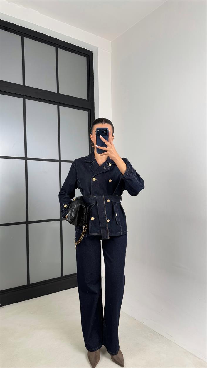 Lacivert Gold Düğmeli Cepli Kuşaklı Ceket Pantolon Denim Takım GAUS-00587