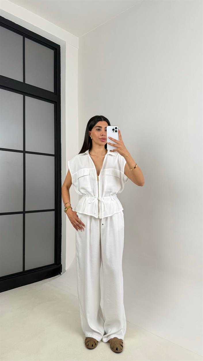 Beyaz Cepli Bağlamalı Yelek Beli Lastikli Pantolon İkili Tencel Takım Gaus00546