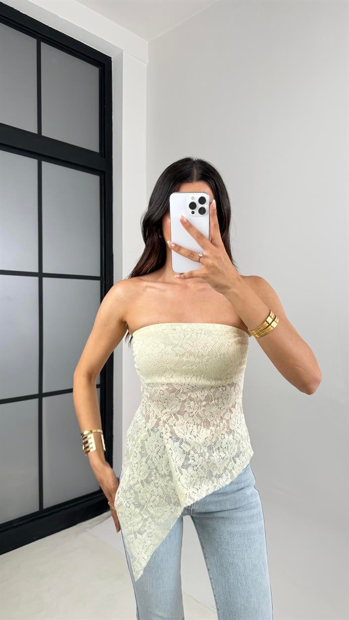 Sarı Straplez Dantelli Asimetrik Kesim Bluz Gaus00629