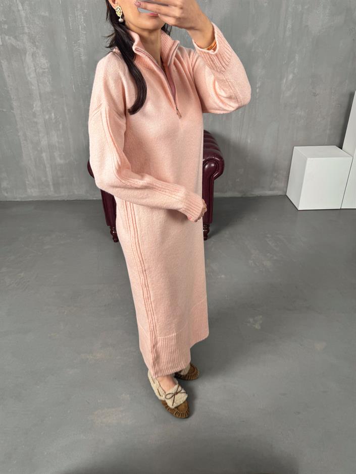 Saja Soft Pembe Fermuarlı Yumuşak Triko Elbise