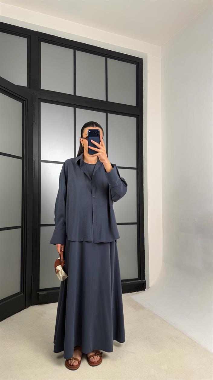Lacivert Gömlek Elbise Oversize İkili Tencel Takım GAUS-01423