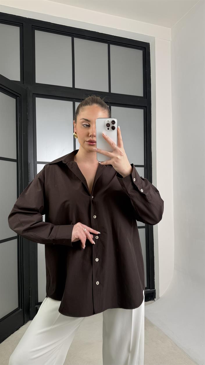 Acı Kahve Oversize Poplin Gömlek GAUS-01202