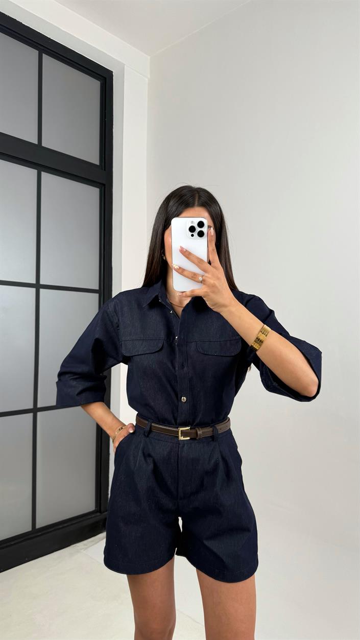 Lacivert Cep Detaylı Gömlek Kemerli Şort İkili Denim Takım Gaus00643