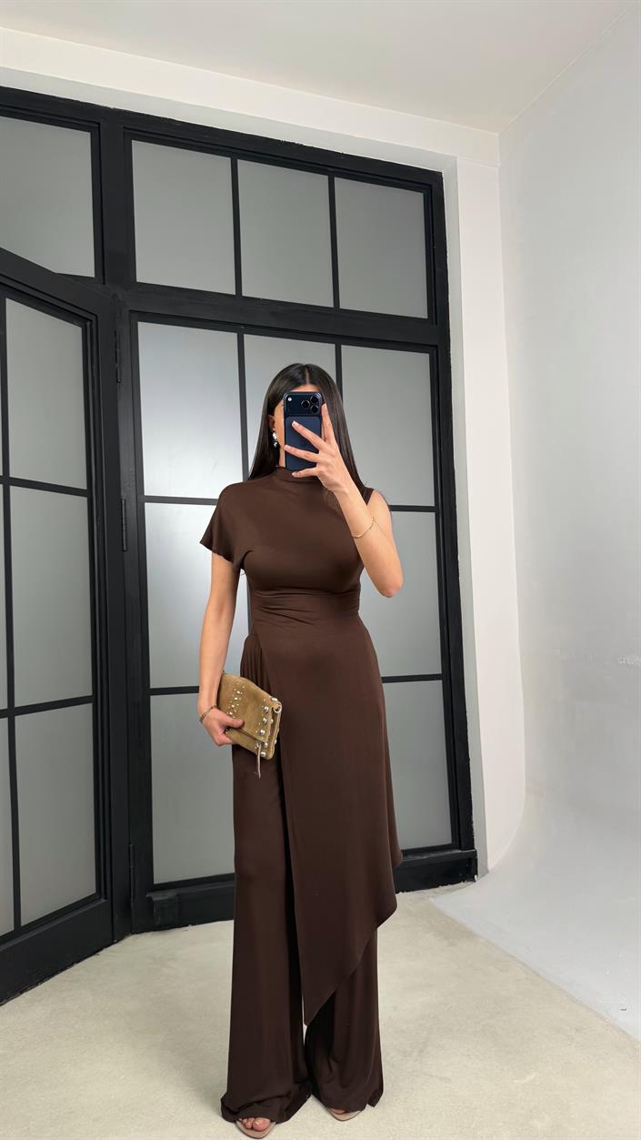 Kahve ZR Model Kaşmir Dokulu Bluz GAUS-01355