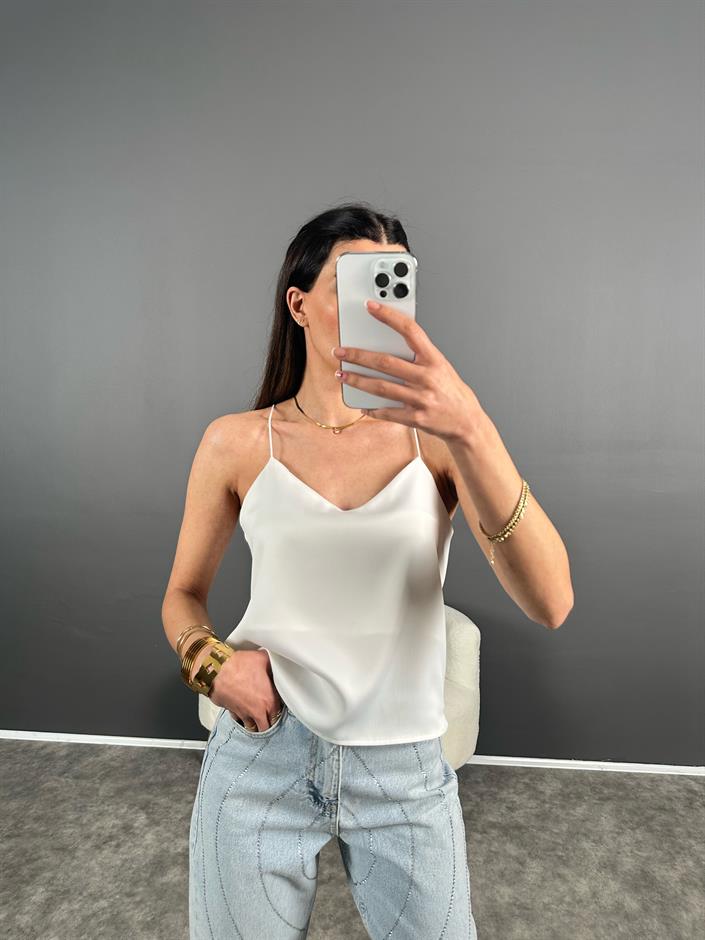 Beyaz Saten İp Askılı Basic Bluz