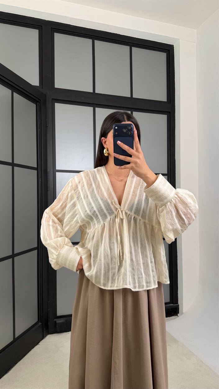 Krem Balon Kol Transparan Gömlek GAUS-01201