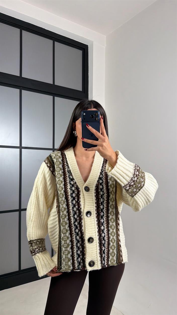 Ekru Örgü Desenli Triko Hırka GAUS-00690