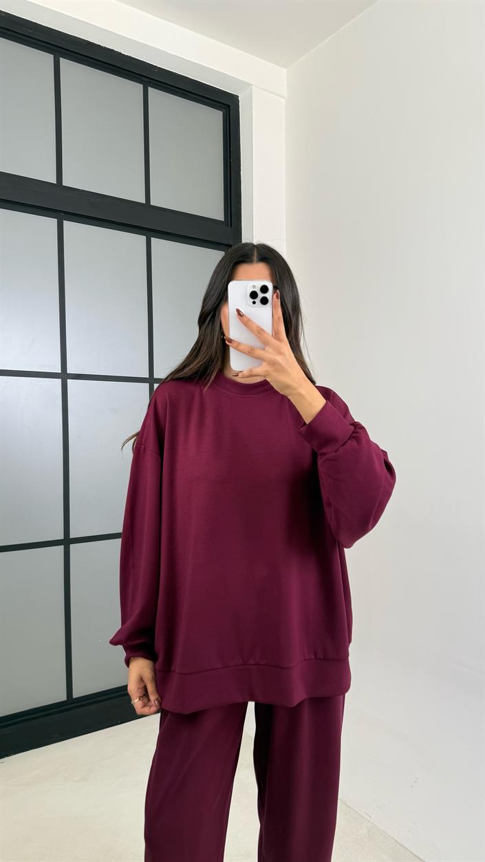 Bordo Uzun Kol Kazak Beli Lastikli Pantolon İkili Modal Kumaş Takım GAUS-00135