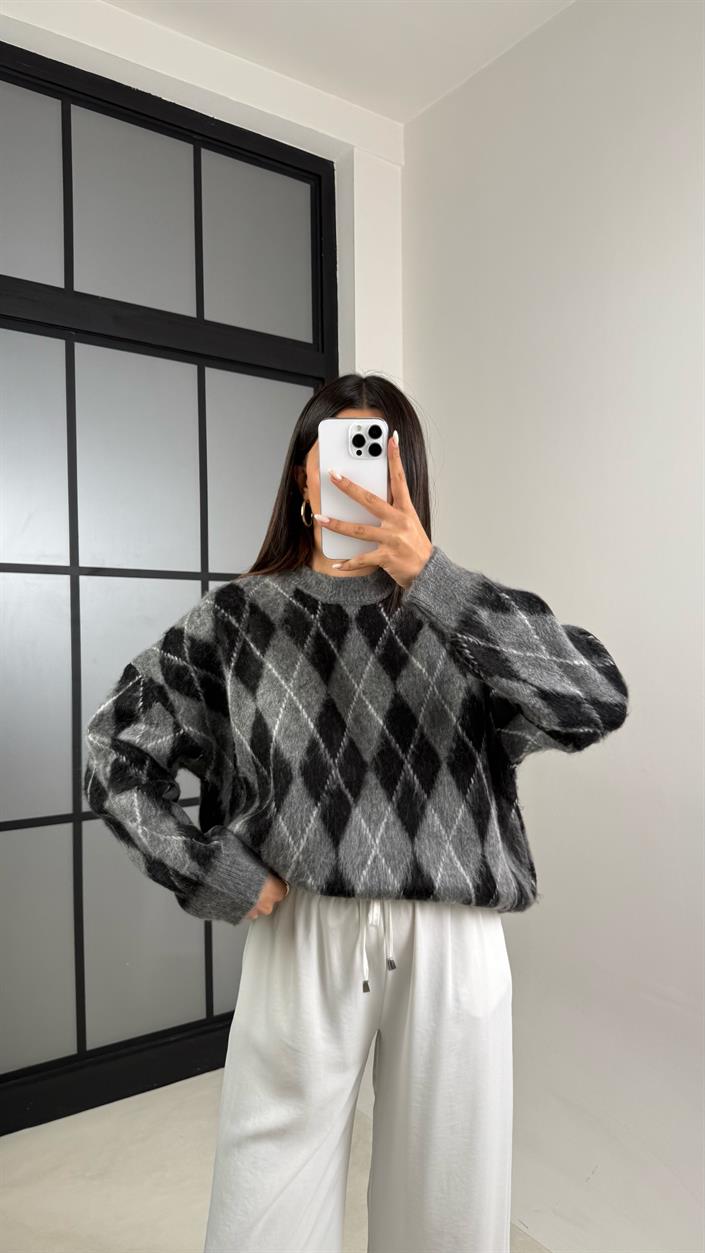 Antrasit Baklava Desenli Yumuşak Dokulu Vintage Kazak GAUS-00558