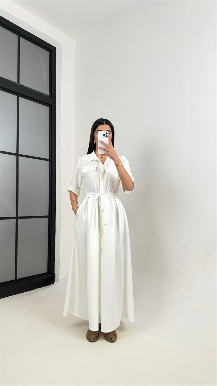 Beyaz Önü Düğmeli Kuşaklı Poplin Elbise Gaus00369