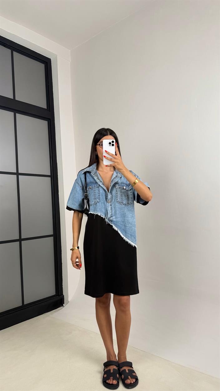 Siyah Önü Düğmeli Denim Üst Bloklu Elbise GAUS-0038