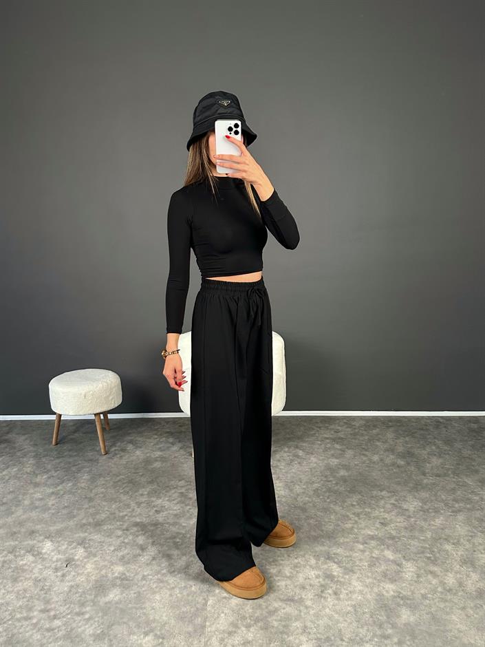 Minaj Siyah Beli Lastikli Çımalı Pantolon 