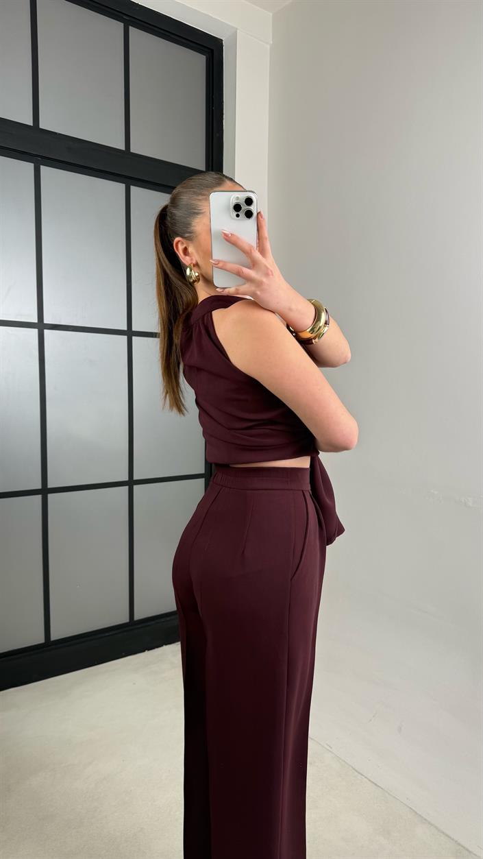 Mürdüm Sıfır Kol Bluz Beli Lastikli Pantolon İkili Premium Takım GAUS-00984