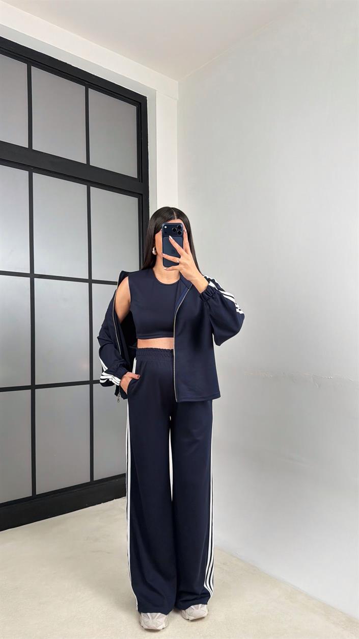 Lacivert 3lü Şerit Detaylı Modal Takım GAUS-01140